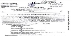 GNM BSC MSC Nursing Tutors Recruitment Aligarh Muslim University