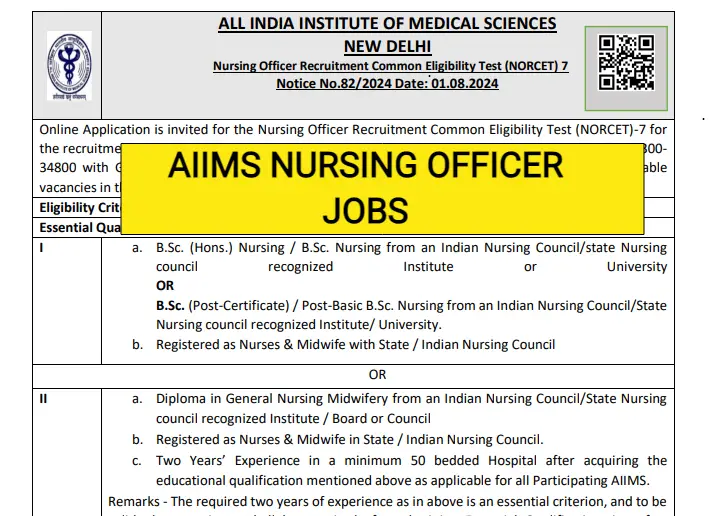 AIIMS Nursing Officers recruitment- B.Sc GNM Nursing